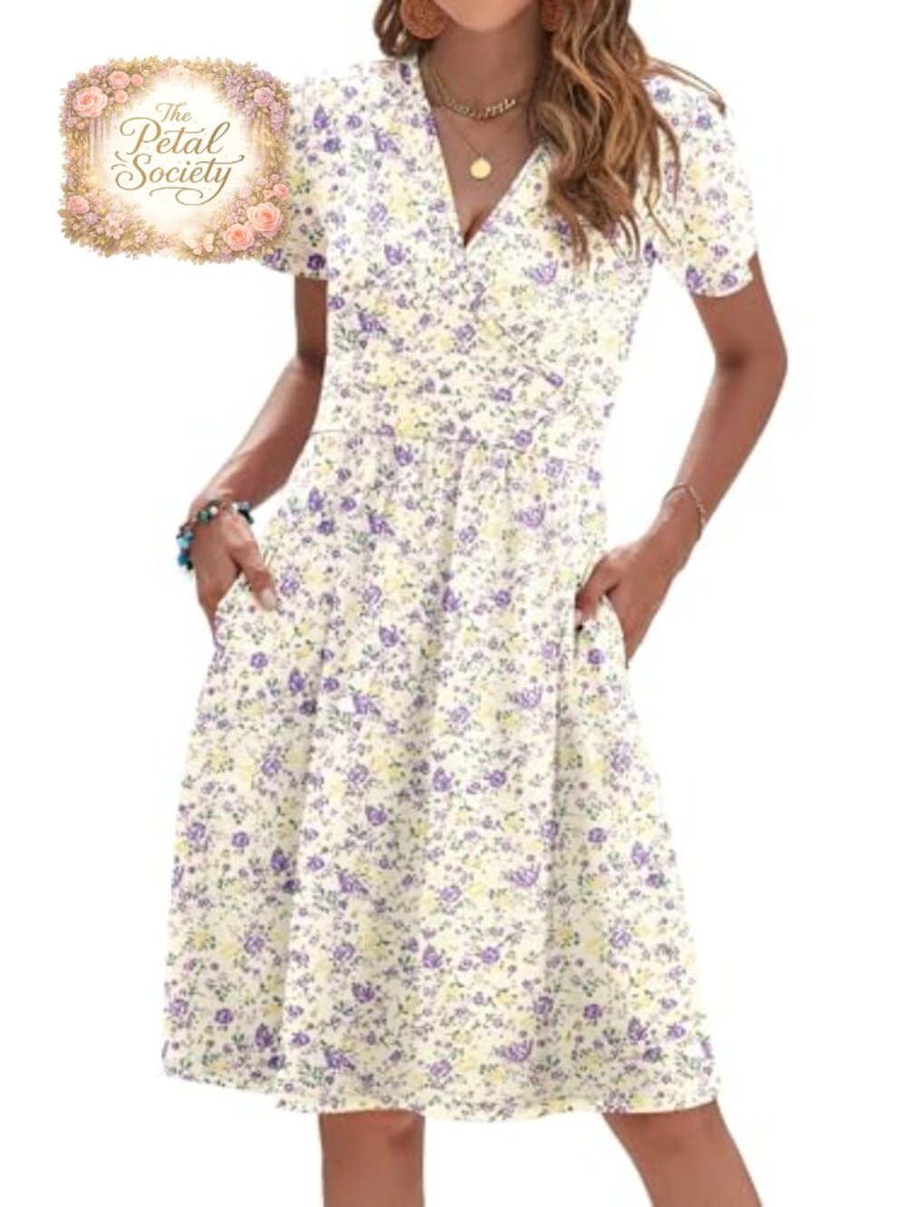 Women's Summer V Neck Faux Wrap Dress Short Sleeve Knee Length
